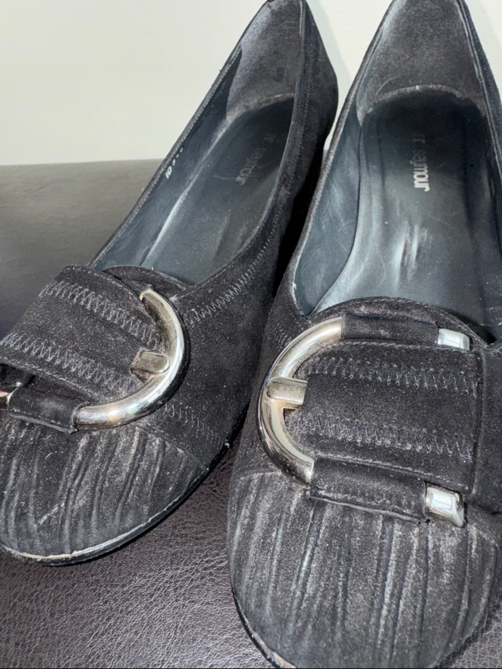 MAKE OFFER! Stuart Weitzman Mr. Seymour Black Suede Buckle Loafers 8.5US Narrow - Picture 2 of 11
